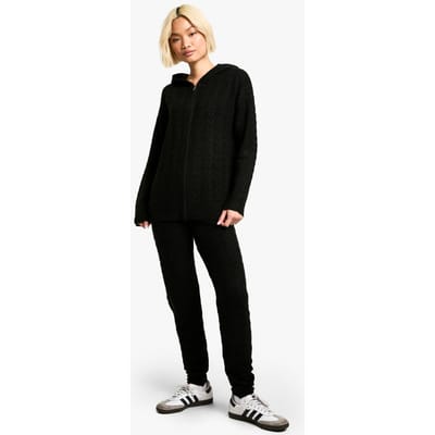 boohoo Dames Zacht kabelgebreid trainingspak met capuchon en ritssluiting | Black | Maat: Small