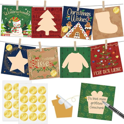 Dailygoods- Adventskalender DIY - 24 Kraskaarten - Kerststickers - Houten Knijpers - Henneptouw - Elegante Kaarten 2024 - Kerstkalender