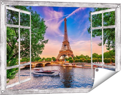 Gards Tuinposter Doorkijk Eiffeltoren in Parijs aan het Water - Kleur - 90x60 cm - Tuindoek - Tuindecoratie - Wanddecoratie buiten - Tuinschilderij