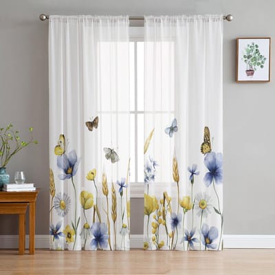 Bloem Vlinder Tarweaar Raamgordijnen Voor Woonkamer Slaapkamer Keuken Chiffon Transparant Raambekleding 135W x 114H(cm) gray