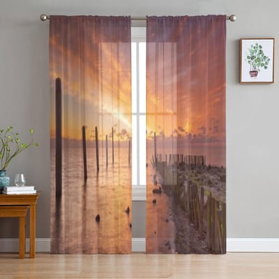Zonsopgang Kleuren Zee-eiland Nederland Chiffon Transparante Gordijnen voor Woonkamer Slaapkamer Decoratie Raam Voiles Tule Gordijn 135W x 114H(cm) beige