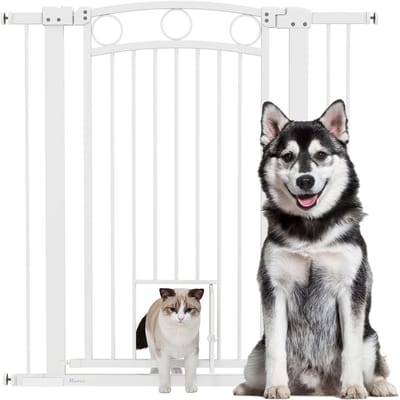 PawHut Türschutzgitter Hund, 76-104 cm Absperrgitter ohne Bohren, Treppengitter aus Stahl, Treppenschutzgitter mit Katzentür, Schutzgitter, Sicherheitsgitter für Treppen, Tür, Flur, Weiß