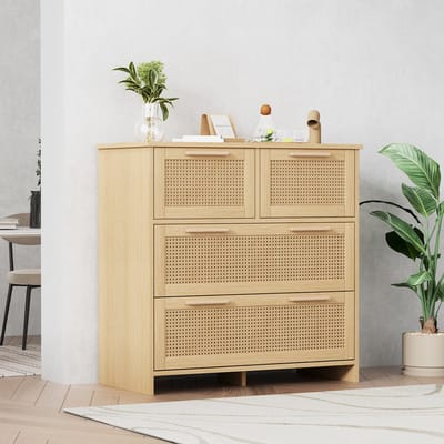 Wishdor - Ladekast Met 4 Lades - Rotan Ladefronten - Antikantelvoorziening - Natuurlijk - MDF En Massief Houten Handgrepen - 80 x 80 x 38 cm