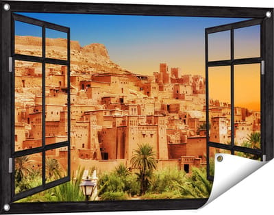 Gards Tuinposter Doorkijk Kasbah Ait Ben Haddou Stad in Marokko - 90x60 cm - Tuindoek - Tuindecoratie - Wanddecoratie buiten - Tuinschilderij