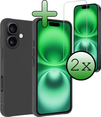 Hoesje Met 2x Screenprotector - Geschikt voor Apple iPhone 16 - Sterk & Shockproof - Back Cover - Siliconen Case - Telefoon Hoes - Zwart