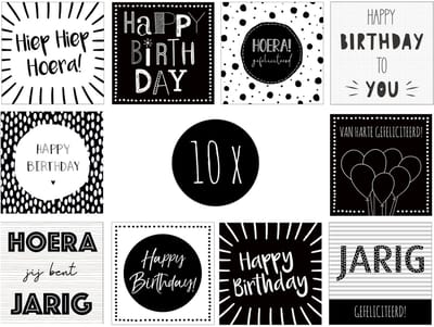 10 hippe verjaardagskaarten / wenskaarten / set kaarten met witte enveloppen | jarig / verjaardag | zwart & wit