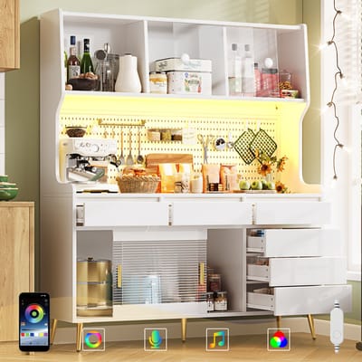 MODFU Hoge Kast - Schuifdeuren - Ledverlichting Met App-Bediening - Geribbeld Glas - Metaal En MDF - Wit - 145 X 39 X 171 Cm