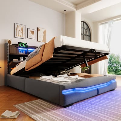 MODFU Bedframe – 140x200 cm – Gestoffeerd linnen – Met opbergruimte & LED – Grijs