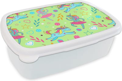 Broodtrommel Wit - Lunchbox - Brooddoos - Ballerina - Eenhoorn - Patronen - Regenboog - 18x12x6 cm - Volwassenen