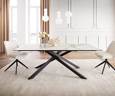 Eetkamertafel Edge keramiek Calacatta Luxe wit-goud-grijs 200x100 kruisframe rechthoek zwart