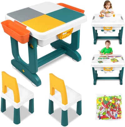 Kindertafel met 2 stoelen, speeltafel met 300 stuks bouwstenen, Dubbelzijdig tafelblad Multifunctionele activiteitentafel met opbergruimte, Bouwtafel met 2 Opbergbakken