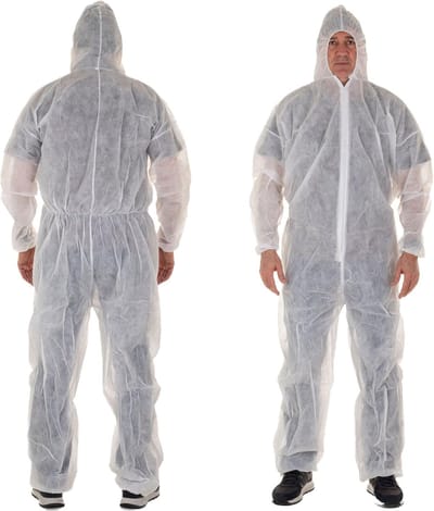 Famanu – Wegwerp-overall met capuchon, wit, wegwerp-overall, bescherming tegen vuil en deeltjes, comfortabel en ademend, 100% recyclebaar