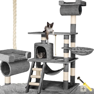 Tectake® XXL Krabpaal voor Katten – 141cm Grijs – Krabmeubel met Hangmat, Ligmand, Grot, Trap, Buis en Speelkoord – Sisal en Pluche – Kattenkrabpaal, Kattenhuis, Speelplezier