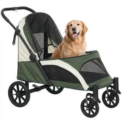 PawHut Hundewagen Hundebuggy klappbar für große Hunde & Katzen bis 30 kg Katzenbuggy mit Kissen Netzfenstern Türen Aufbewahrungstasche Katzenwagen mit Sicherheitsleinen, Bremsen, Buggy Dunkelgrün