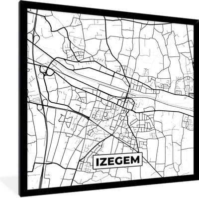 Fotolijst incl. Poster Zwart Wit- Stadskaart – Zwart Wit - Kaart – Izegem – België – Plattegrond - 40x40 cm - Posterlijst