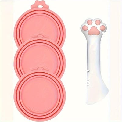 Lot de 3 couvercles de boîtes de nourriture pour animaux de compagnie et une cuillère universelle en silicone sans BPA pour boîtes de conserve pour chiens et chats rose