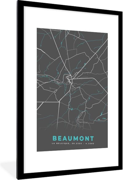 Fotolijst incl. Poster - Stadskaart – Grijs - Kaart – Beaumont – België – Plattegrond - 60x90 cm - Posterlijst
