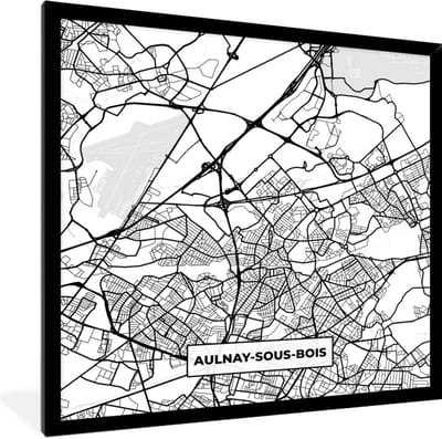 Fotolijst incl. Poster Zwart Wit- Plattegrond - Kaart - Aulnay-sous-Bois - Frankrijk - Stadskaart - Zwart wit - 40x40 cm - Posterlijst