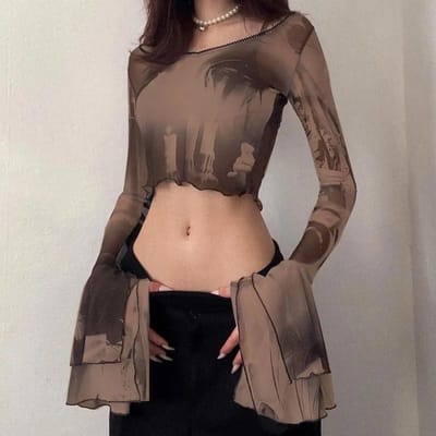 Gothic Uitlopende Mouw See Through T-shirts Emo Sla Zoom Sexy Streetwear Punk Esthetische Print Y2k Mesh Dames Crop Tops XL bruin