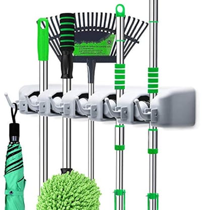 Wandgemonteerde Bezemhouder - Mop en Bezem Hanger - Opslagrek voor Garage & Tuin Hulpmiddelen - 5 Posities 6 Haken voor Thuis, Keuken, Tuin en Garage Organisatie