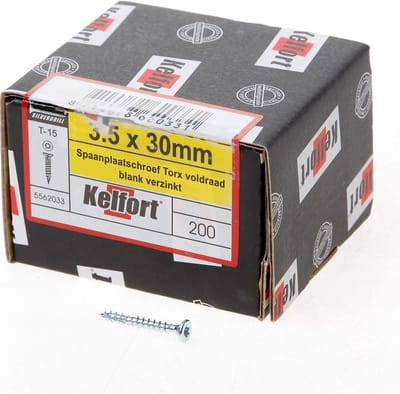 Kelfort Spaanplaatschroef platverzonken kop verzinkt T15 voldraad 3.5 x 30mm (Prijs per 200 stuks)