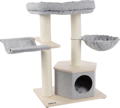 Krabpaal – Flamingo PREMIUM LINE Kaleb – 104x55x88 cm – luxe kattenkrabpaal met hangmatten, ligplateau & schuilplaats – kattenmeubel met papieren krabtouw & wasbare kussens – stijlvolle kattenboom voor alle kattenrassen