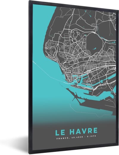 Fotolijst incl. Poster - Le Havre - Plattegrond - Stadskaart - Kaart - Frankrijk - 40x60 cm - Posterlijst