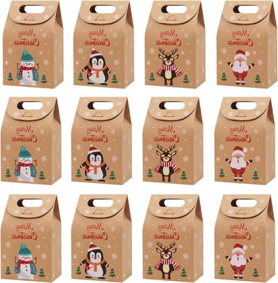 Set van 12 Kerst Cadeauzakjes, Kleine Kraft Papieren Tassen met Handvatten voor Chocolade, Snoep en Koekjes, Perfect voor Feestdagen en Cadeaus