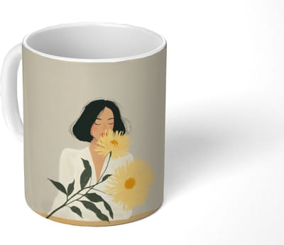 Mok - Koffiemok - Vrouw - Bloem - Geel - Minimalistisch - Mokken - 350 ML - Beker - Koffiemokken - Theemok