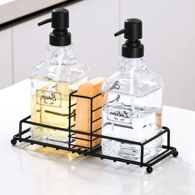 Shinowa Soap Dispenser Set 2-Pack Thick Glass Hand Dispensers - Durable Iron Grid Holder - Multifunctional Dish Soap Dispenser Kit - Stylish Kitchen Bathroom Decor Accessories