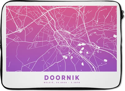 Laptophoes 14 inch - Stadskaart - België - Doornik - Paars - Laptop sleeve - Binnenmaat 33x23 cm - Zwarte achterkant