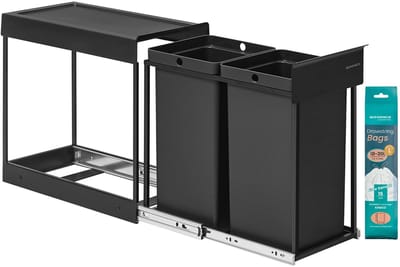 NordHaus Uitschuifbare Inbouwprullenbak - Inbouw Afvalemmer - Keukenkast Prullenbak - Dubbele Afvalscheiding - 2 x 15 L Zwart
