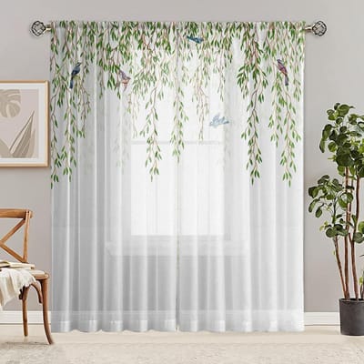 2 Pièces HD Numérique Petit Frais Vert Imprimé Saule Pleureur Rideaux Décoration Intérieure Style Décorer Salon Chambre à Coucher Tringles W52H63inchW132H160cm white