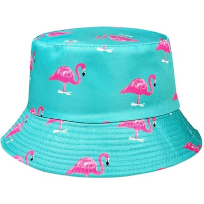 Chapeau seau imprimé flamant rose de dessin animé, design léger, réversible, chapeau de soleil pliable, un accessoire tendance adapté à toutes les saisons (Blue,One Size) bleu