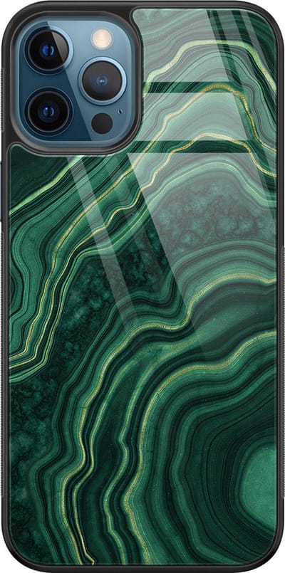 Hoesje geschikt voor iPhone 12 - Groen agate - Luxe Glazen Hardcase - Marmer - Groen - Leuke Telefoonhoesjes
