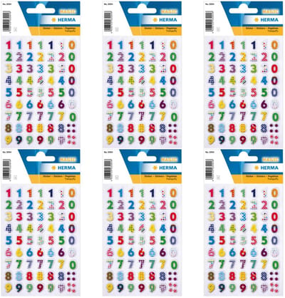Herma Stickervel nummers 3D - cijfers / getallen - 0 t/m 9 - 6x vellen - gekleurd - 8 mm