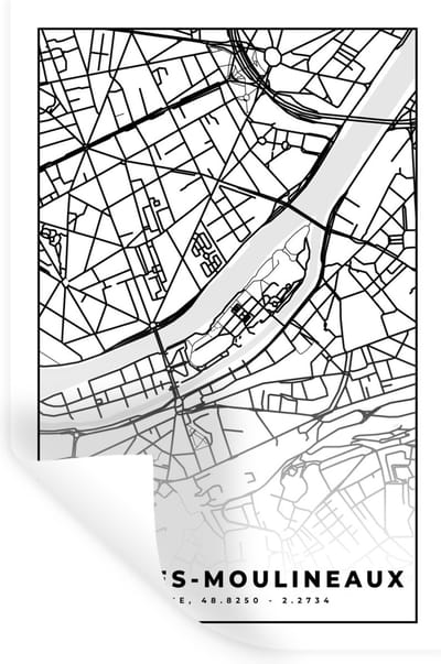 Muurstickers - Sticker Folie - Kaart - Stadskaart - Frankrijk - Plattegrond - Issy-les-Moulineaux - Zwart wit - 20x30 cm - Plakfolie - Muurstickers Kinderkamer - Zelfklevend Behang - Zelfklevend behangpapier - Stickerfolie