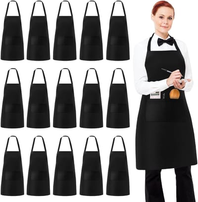 Dailygoods- Kookschort 15 Stuks - Zwart Schort met 2 Zakken - Verstelbaar Nekbandschort - Wasbaar - Uniseks - Hoogwaardig Polyester - Keukenschort