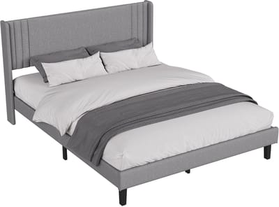 Modern Tweepersoonsbed 140x200 cm – Zacht Linnen Bed met Gestreept Hoofdbord – Stevig Frame en Comfortabel Design