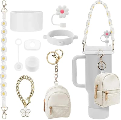 WiseGoods Luxe Siliconen Bekerhoes Set Geschikt Voor Stanley Waterflessen - Bekerketting Met Bloemen & Rietjesdop Met Bedels - Wit