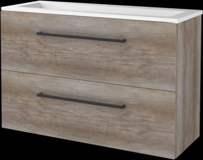 Basic Start 39 badmeubelset met wastafelonderkast met grepen, 2 lades en acryl wastafel met 1 kraangat 100 x 39 cm, scotch oak
