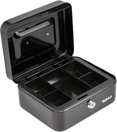 Geldcassette met sleutelslot, compact formaat voor thuis of op kantoor, zwart - 20,0 x 16,0 x 9,5 cm.