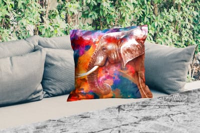 Sierkussen Buiten - Schilderij - Olieverf - Regenboog - Olifant - 60x60 cm - Weerbestendig