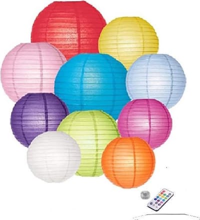 10 x Papieren lampion Kleur Mix incl LED met afstandsbediening incl ophang veerhaakjes