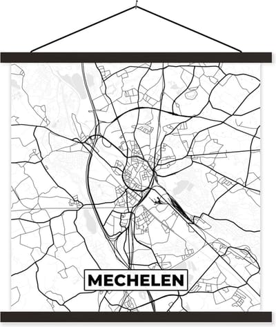 Posterhanger incl. Poster 60x60 cm - Schoolplaat - België – Mechelen – Stadskaart – Kaart – Zwart Wit – Plattegrond - Textielposter - Zwarte latten - Stadskaart