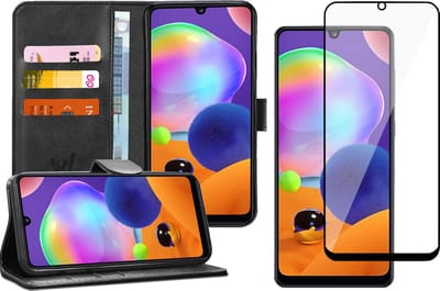 Hoesje geschikt voor Samsung Galaxy A31 - Screen Protector FullGuard - Book Case Kunstleer Pasjeshouder Zwart & Screenprotector