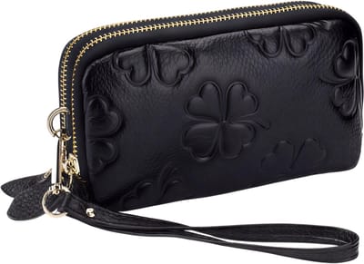 Kunstleer Dames Lange Portemonnee met Dubbele Rits – Klavertje Vier Kaarthouder Luxe Clutch – Zwart – Leuke Geldzak met Ruimte voor Pasjes, Telefoon en Contant Geld voor Dagelijks Gebruik