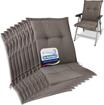 Beautissu HighLux NL – Set van 8 Tuinkussen Lage Rug Kussen 105x50x7cm – Outdoor Zitkussen voor Tuinstoel Taupe