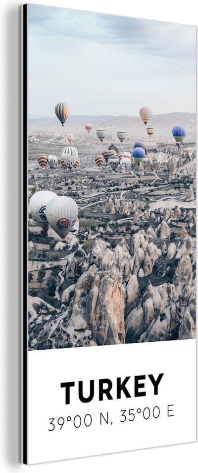 Wanddecoratie Metaal - Aluminium Schilderij Industrieel - Turkije - Rotsen - Luchtballonnen - 80x160 cm - Dibond - Foto op aluminium - Industriële muurdecoratie - Voor de woonkamer/slaapkamer