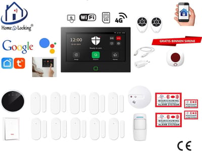 Draadloos / bedraad alarmsysteem met 7-inch touchscreen voor woning/camper/boot/caravan werkt met wifi en sim kaart en met spraak gestuurde apps. (Nederlands of Frans stem en tekst). ST01B-72